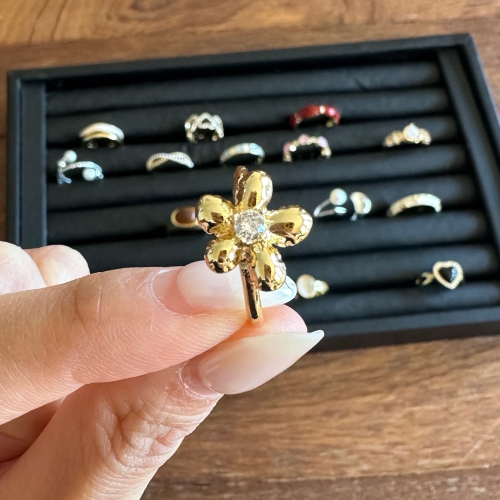 Womenβs Gold-Plated Zircon Flower Open Ring Adjustable Elegant Statement - Picture 4 of 6